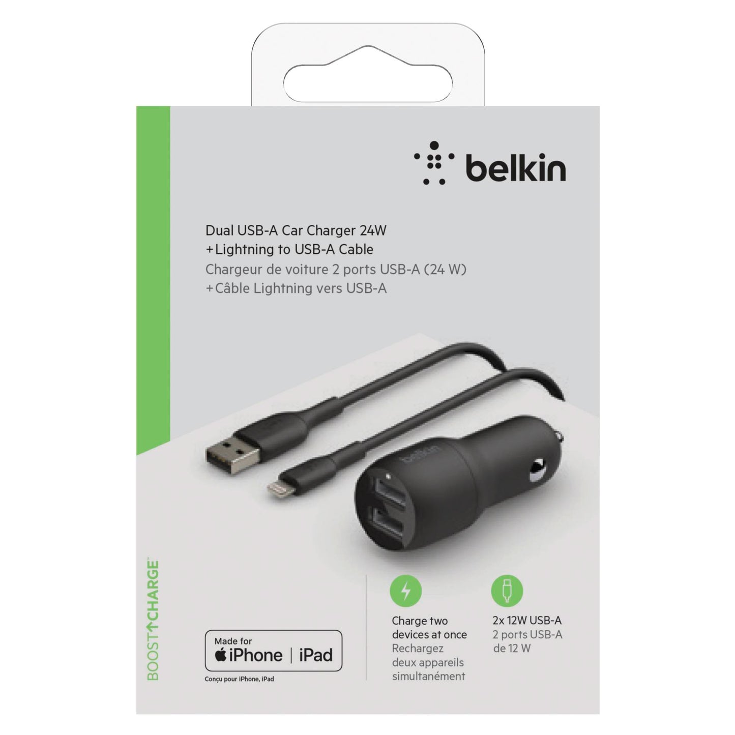 Belkin USB-A Car Charger 24W 1m Lightning-Cable  CCD001bt1MBK