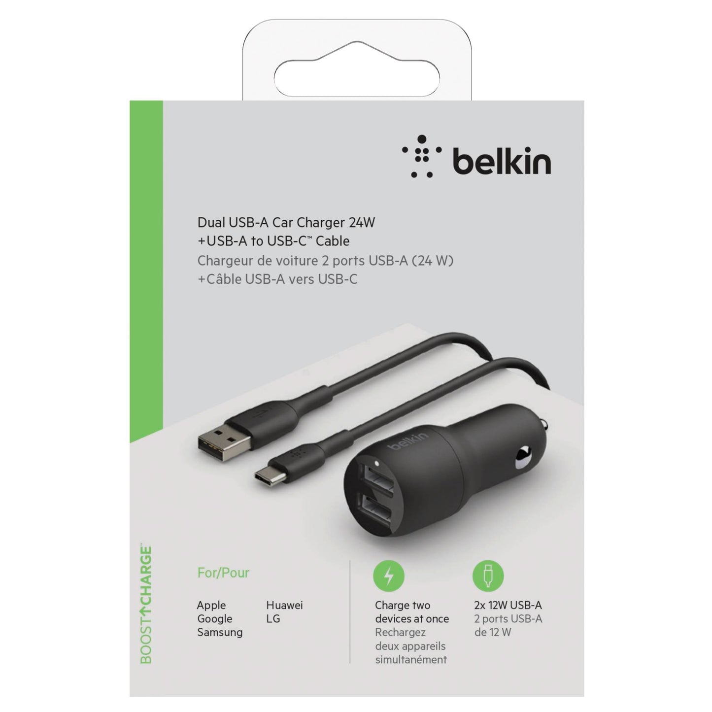 Belkin USB-A Car Charger 24W 1m USB-C Cable sw. CCE001bt1MBK