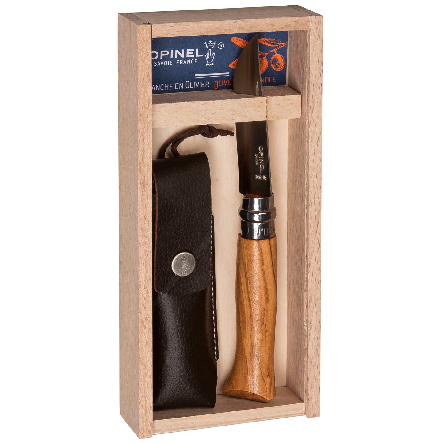 Opinel No. 08 Olive wood + sheath in pencil box