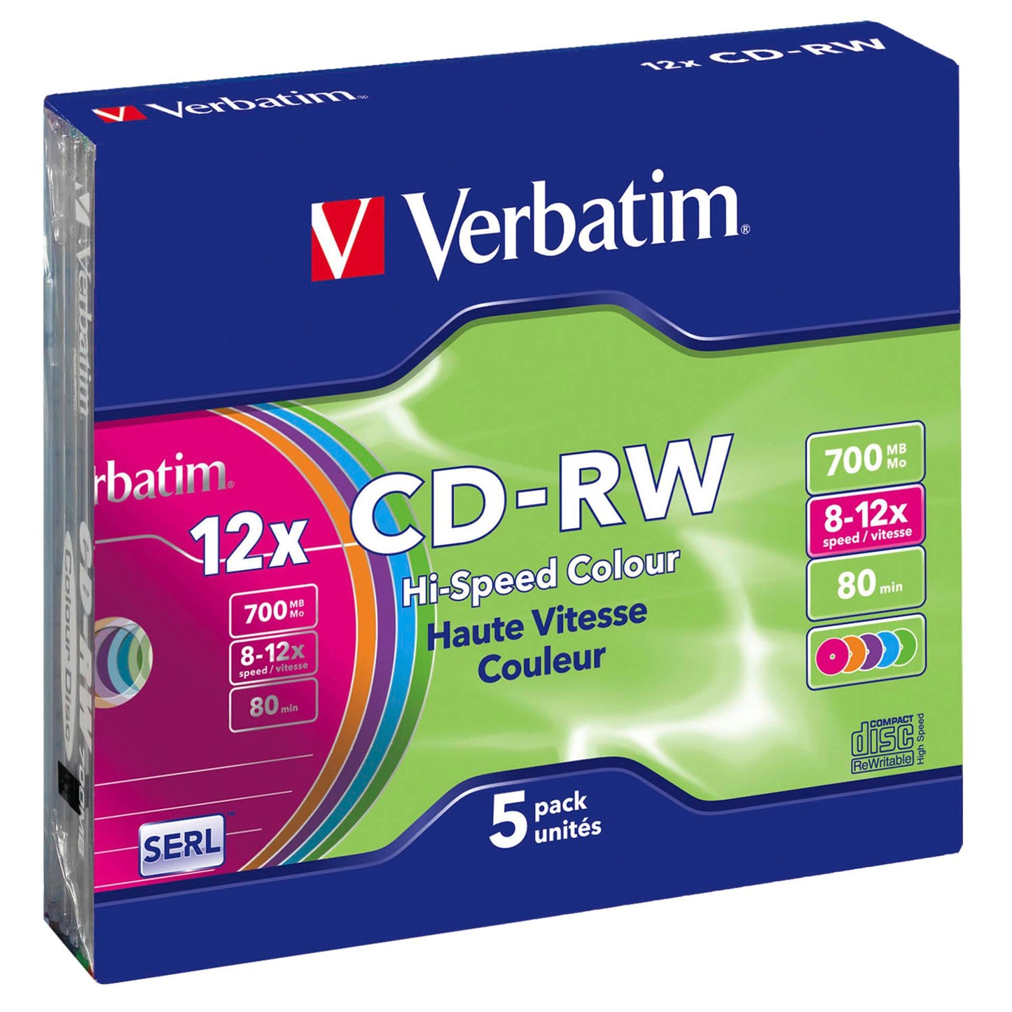 1x5 Verbatim CD-RW 80 / 700MB 10x Speed, Colour, Slim