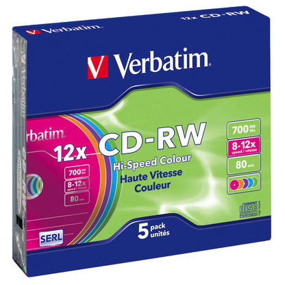 1x5 Verbatim CD-RW 80 / 700MB 10x Speed, Colour, Slim