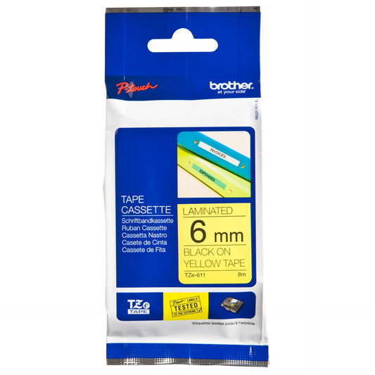 Brother labelling tape TZE-611 yellow/black   6 mm