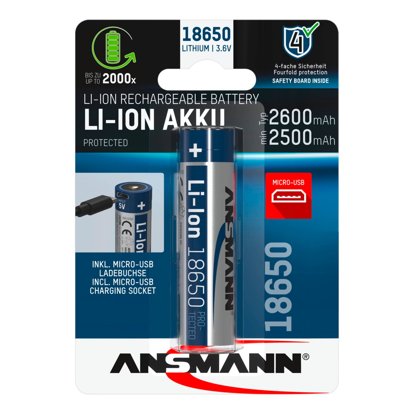 Ansmann Li-Ion 18650 2600mAh 3,6V Micro-USB         1307-0002