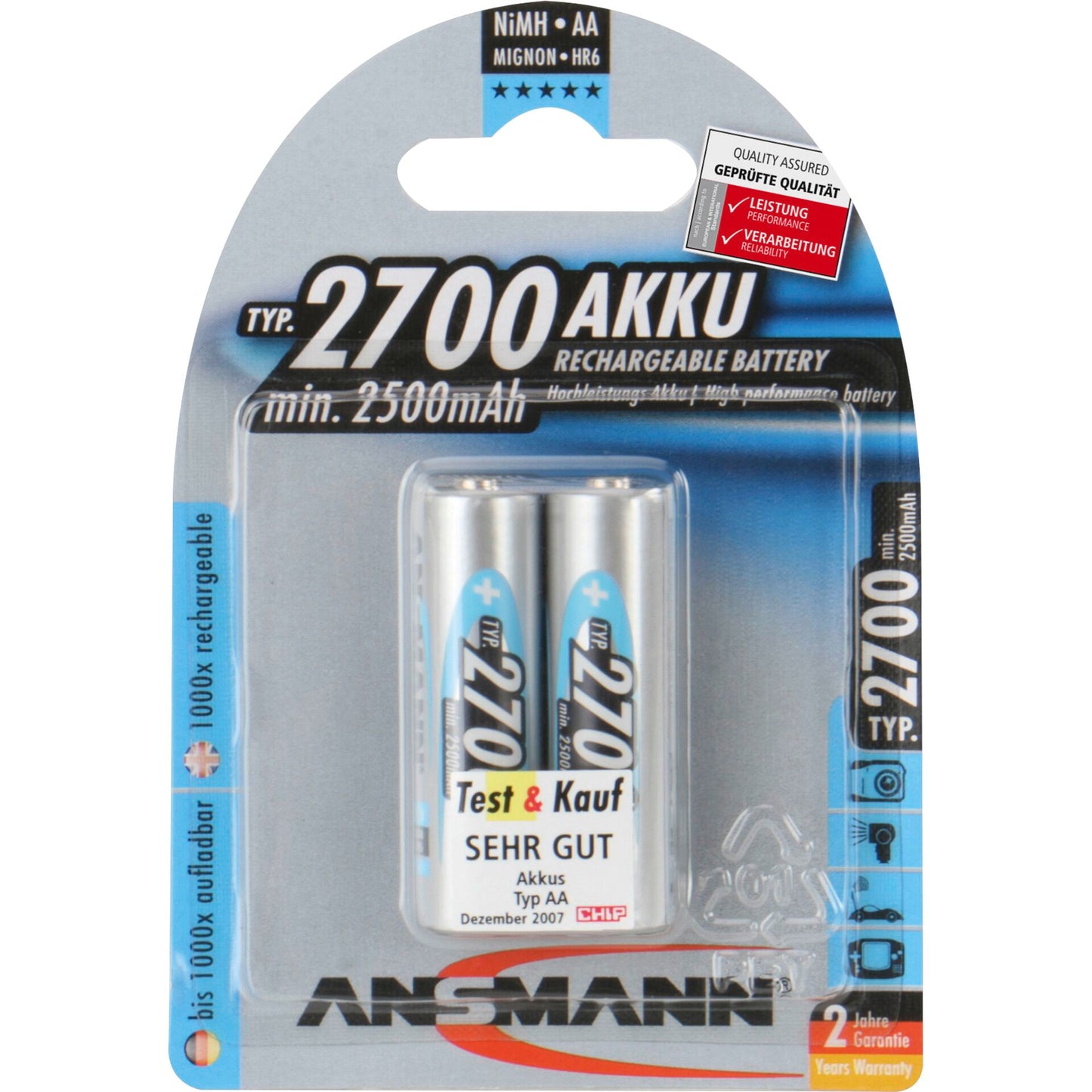 1x2 Ansmann rech. battery 2700 Mignon AA 2500 mAh