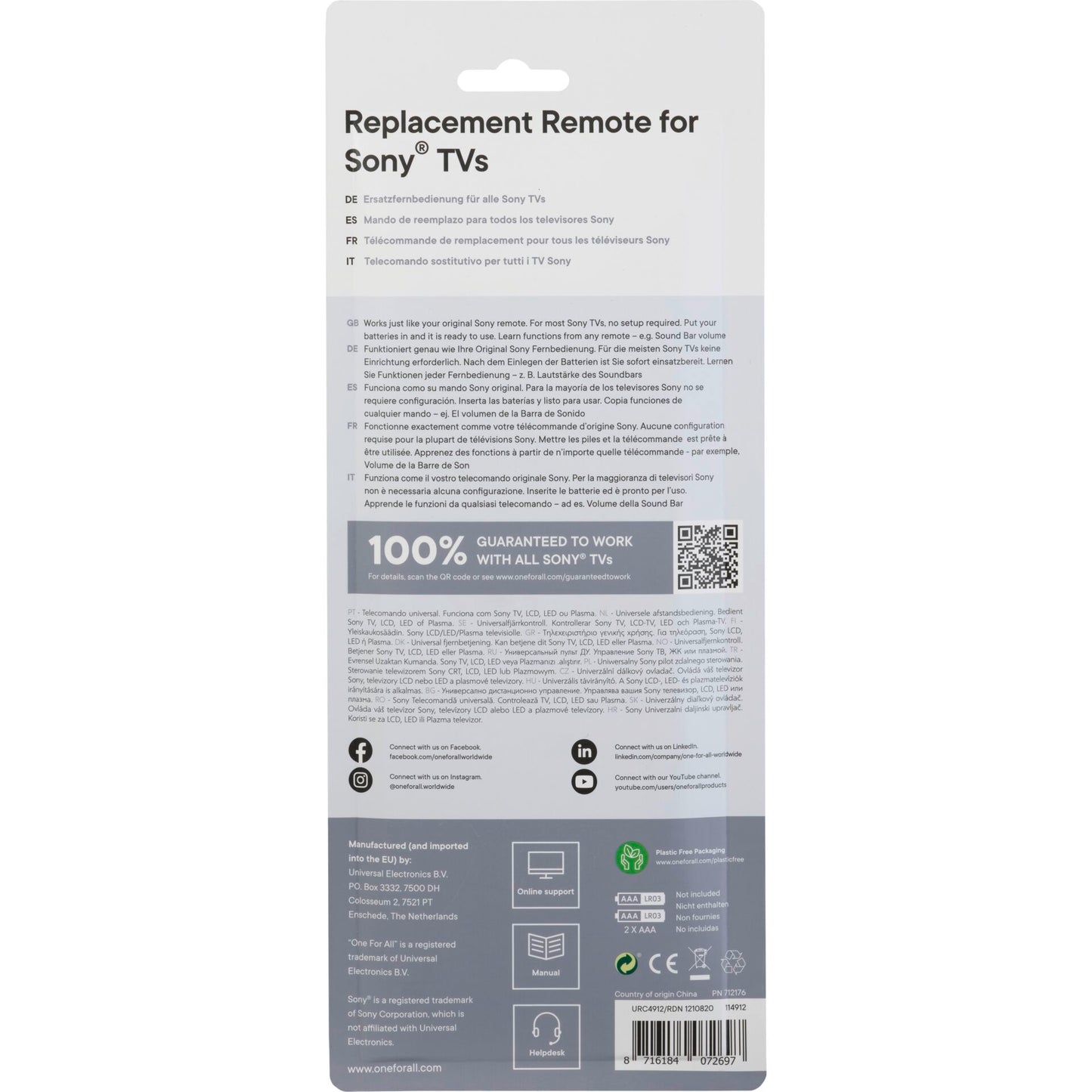 One for All Sony 2.0 Replacement Remote      URC 4912