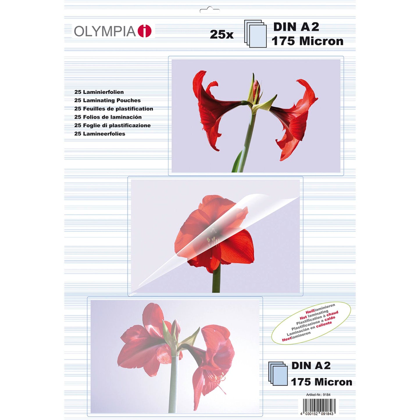 1x25 Olympia Laminating pouches DIN A2 175 micron           9184