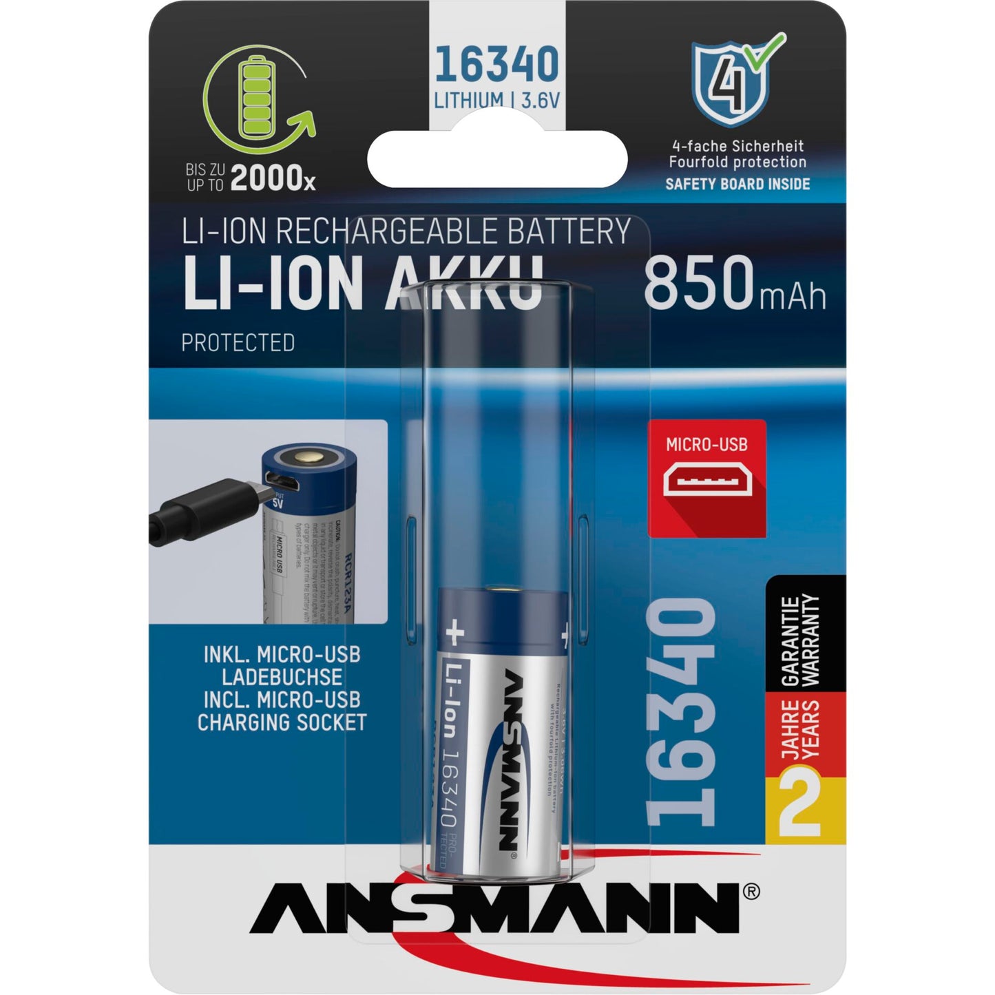 Ansmann 16340 Li-Ion Akku 850mAh 3,6V Micro USB Input  1300-0015