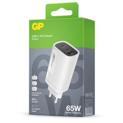 GP GaN USB QuickChargeAdapter PD 2xUSB-C & 1xUSB-A white  65W