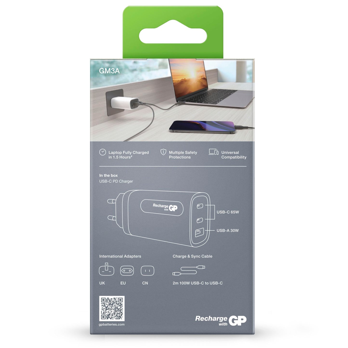 GP GaN USB QuickChargeAdapter PD 2xUSB-C & 1xUSB-A white  65W