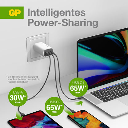 GP GaN USB QuickChargeAdapter PD 2xUSB-C & 1xUSB-A white  65W