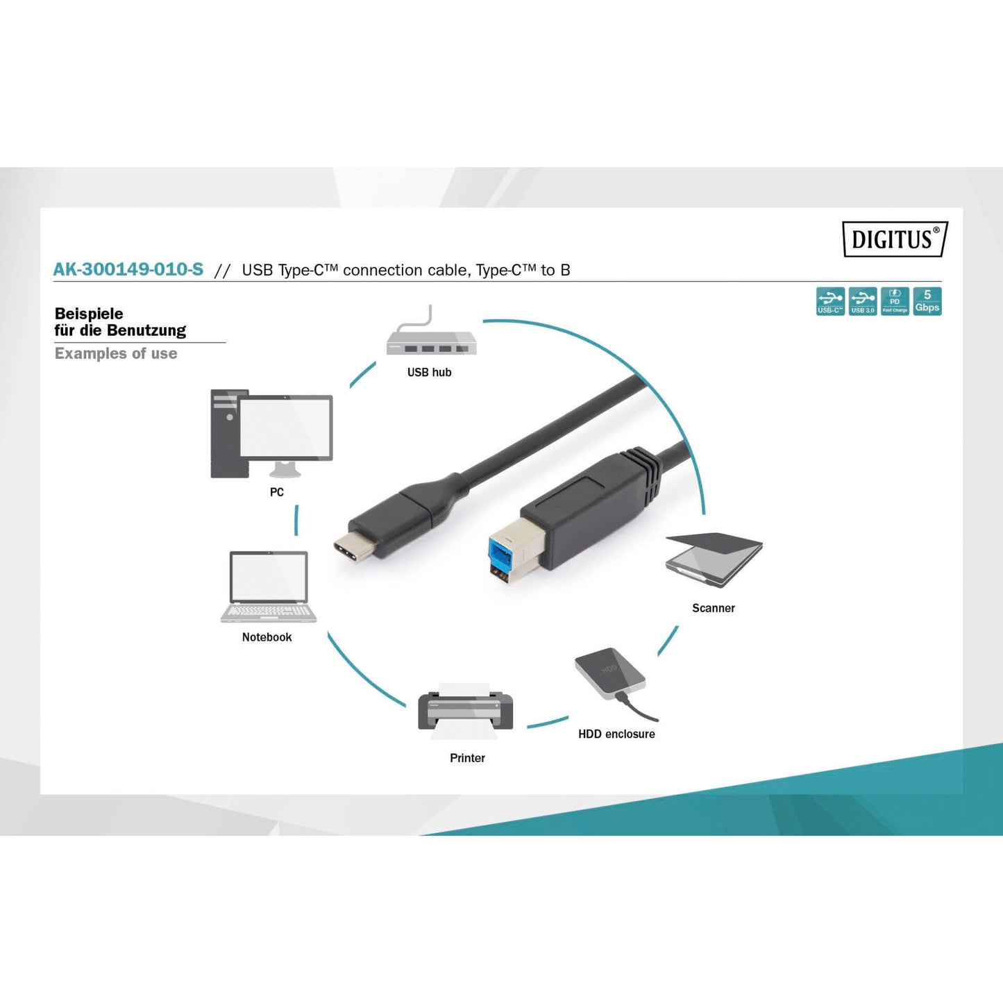 DIGITUS USB Type-C Cable Gen2 Type-C to B      AK-300149-010-S