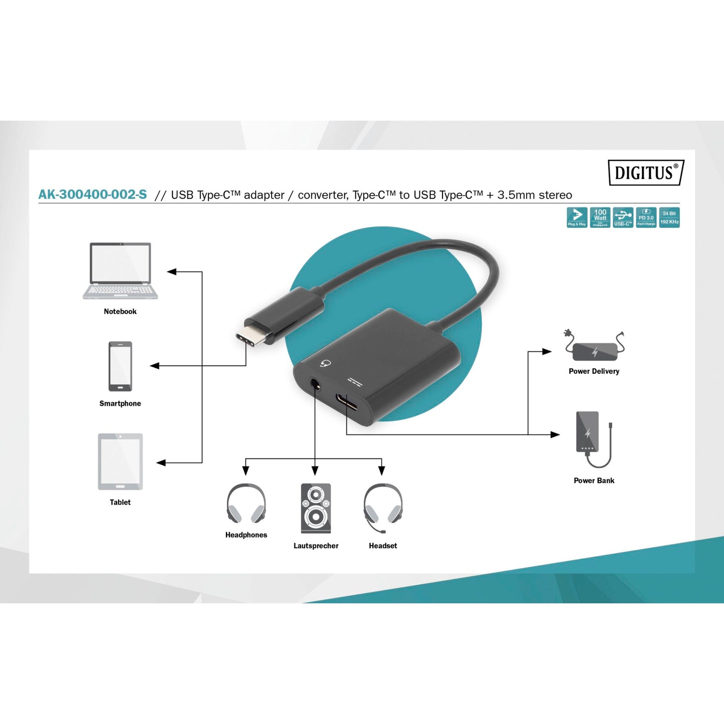 DIGITUS USB Type-C Adapter Type-C to USB--C + 3.5mm Jack