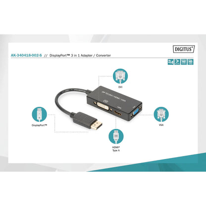 DIGITUS DisplayPort 3in1 Adapt/ Converter - DP-HDMI+DVI+VGA 20cm