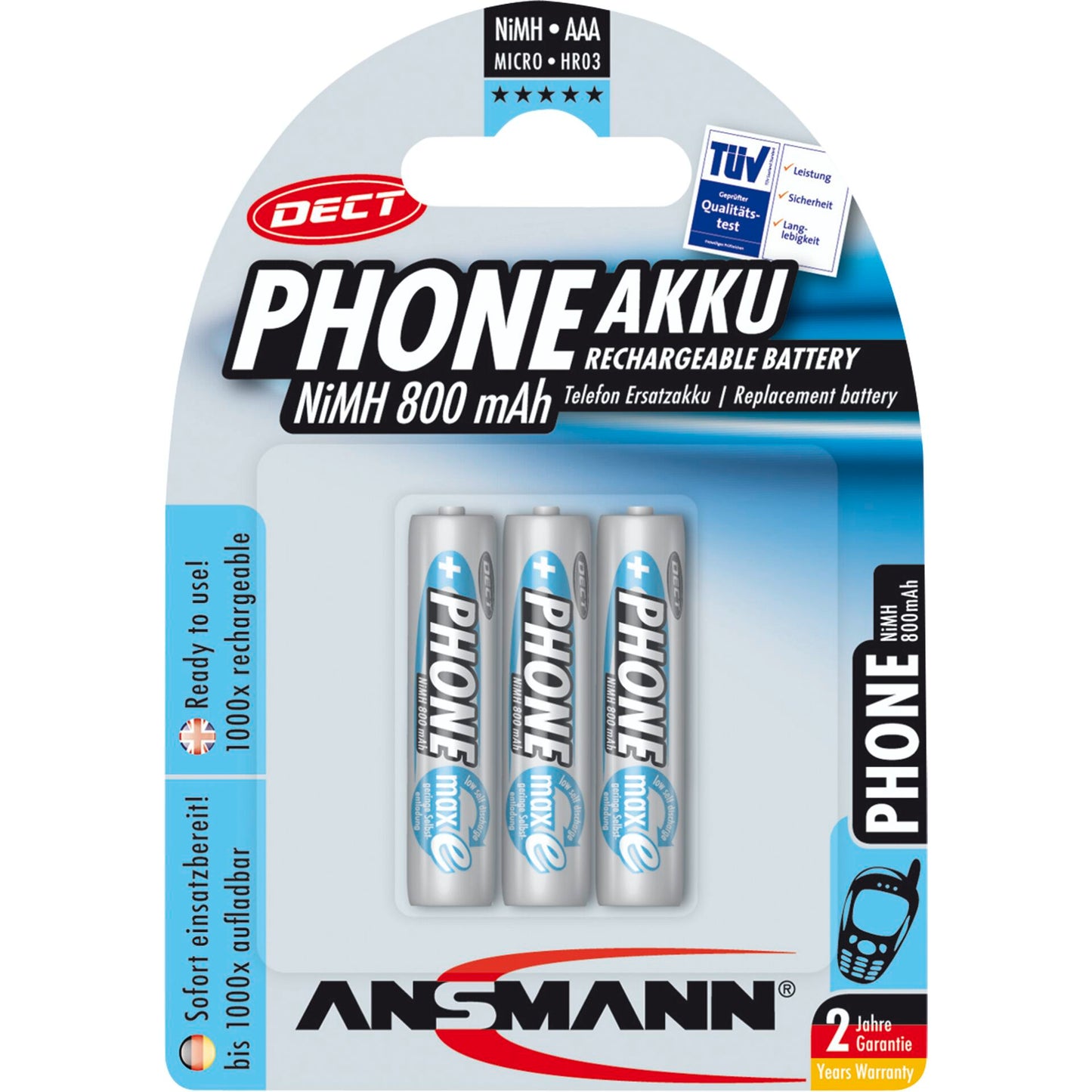1x3 Ansmann maxE NiMH rech.bat. Micro AAA 800 mAh DECT PHONE