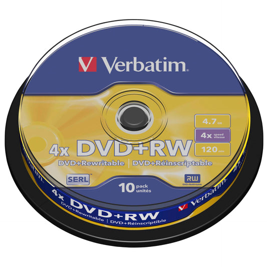 1x10 Verbatim DVD+RW 4,7GB 4x Speed, matte silver Cakebox