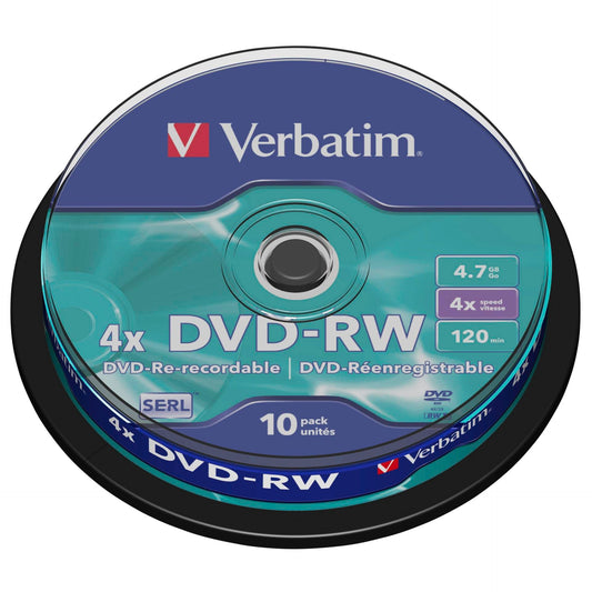 1x10 Verbatim DVD-RW 4,7GB 4x Speed, matte silver Cakebox