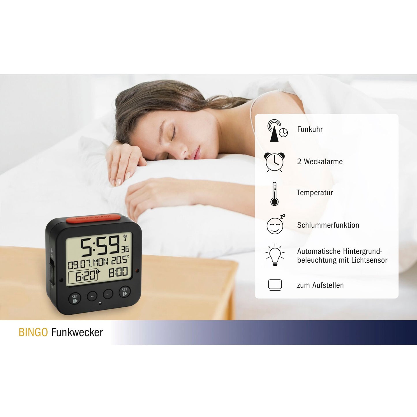 TFA 60.2528.01 Bingo black Digital RC Alarm Clock w. Temper