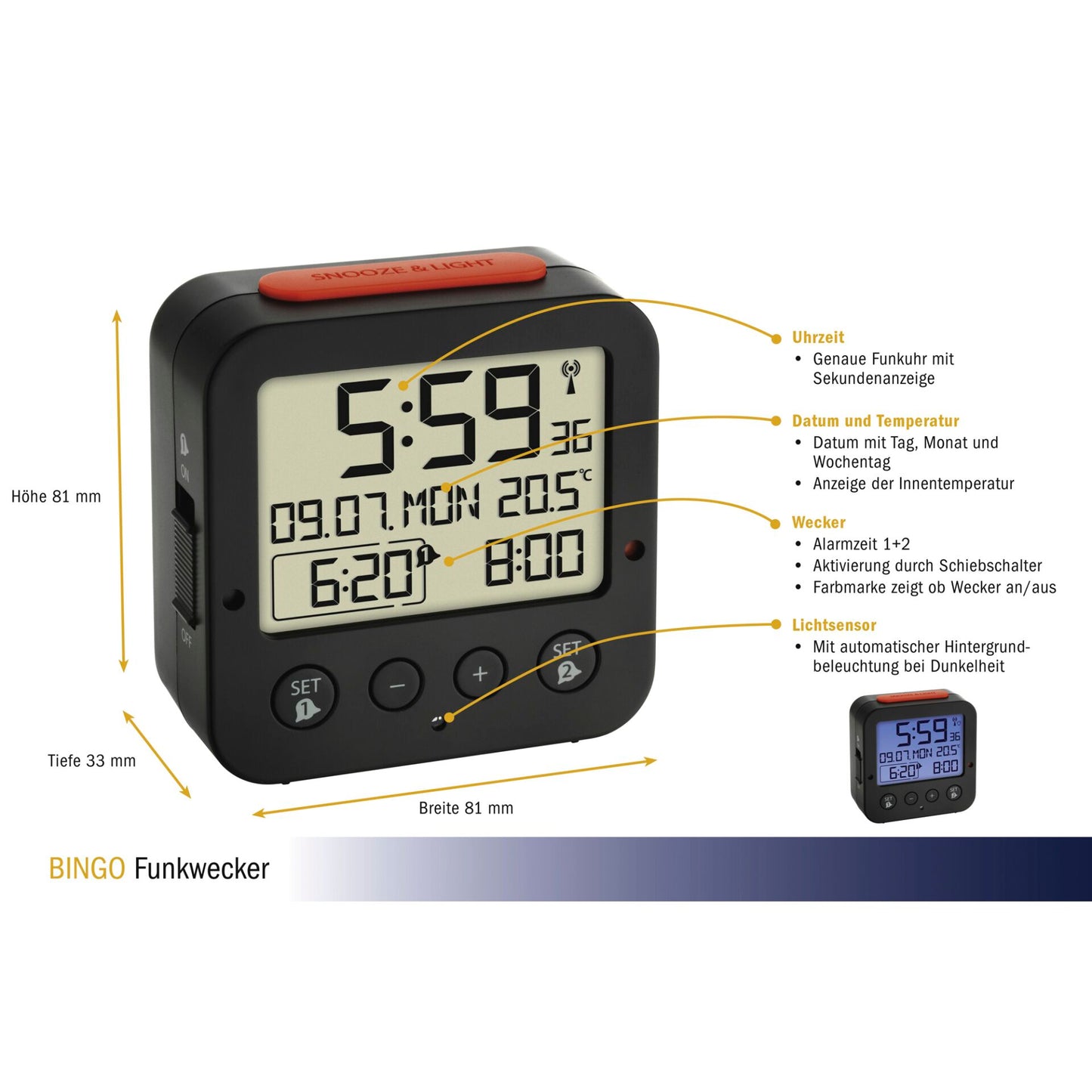 TFA 60.2528.01 Bingo black Digital RC Alarm Clock w. Temper