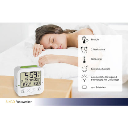 TFA 60.2528.02 Bingo white Digital RC Alarm Clock w. Temper