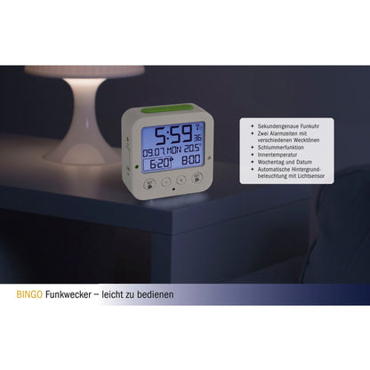 TFA 60.2528.02 Bingo white Digital RC Alarm Clock w. Temper