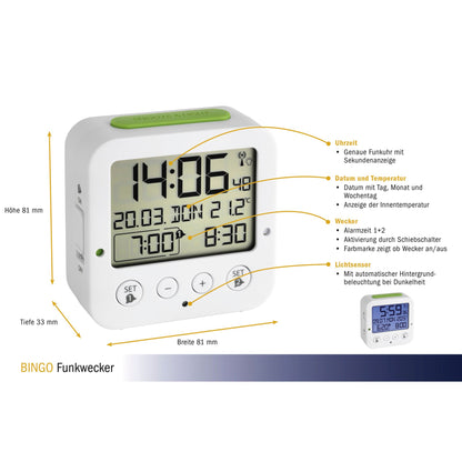 TFA 60.2528.02 Bingo white Digital RC Alarm Clock w. Temper