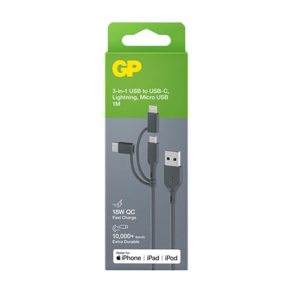 GP CY1N Lade & Sync Cable 1m 3in1 USB-A to Micro/USB-C/Light