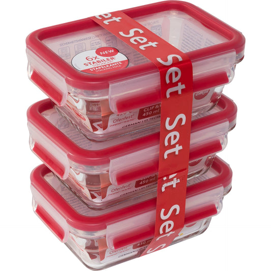 EMSA Clip&Close Glass Food Storage Box 3-pieces
