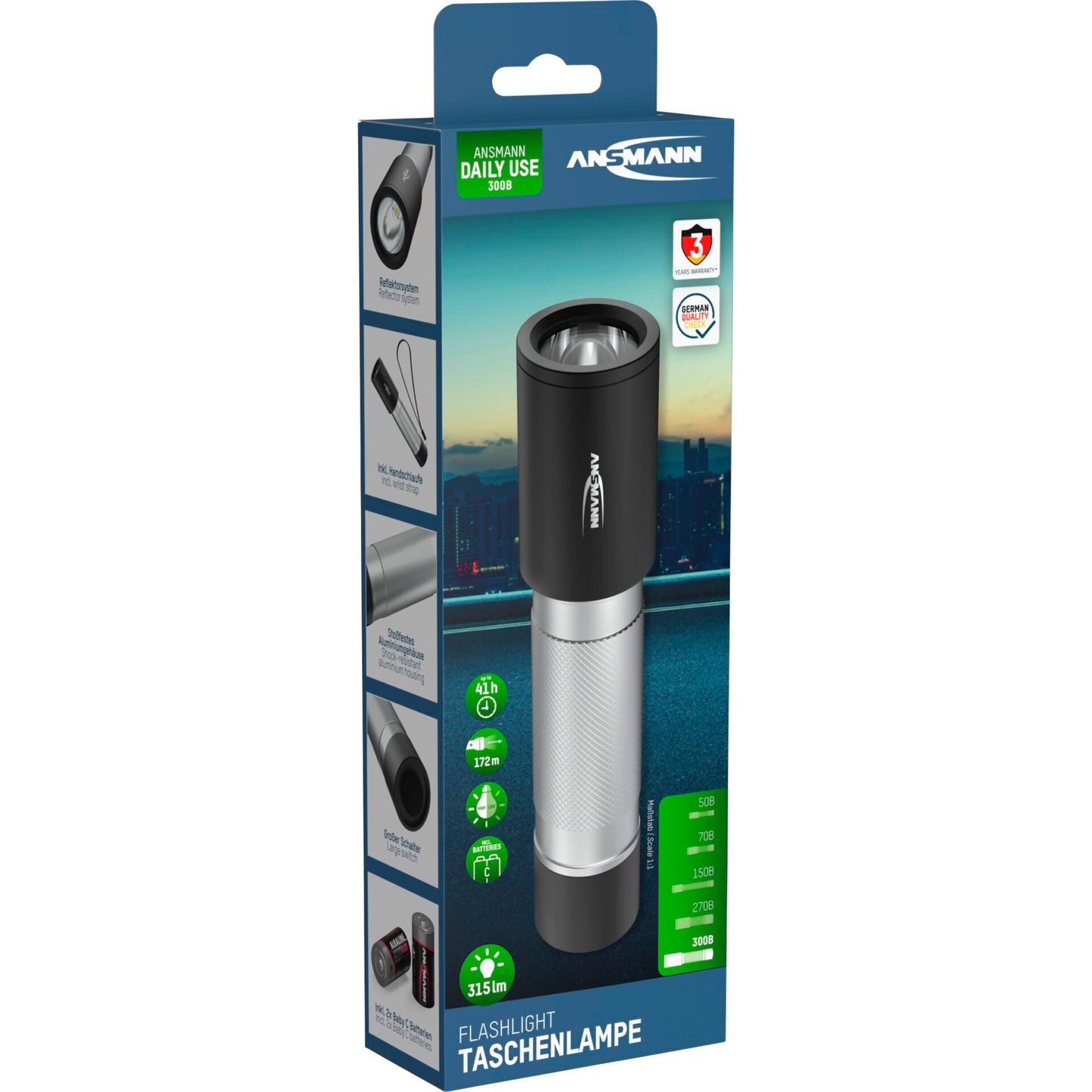 Ansmann LED Torch Daily Use 300B incl. 2xBaby C 1600-0430