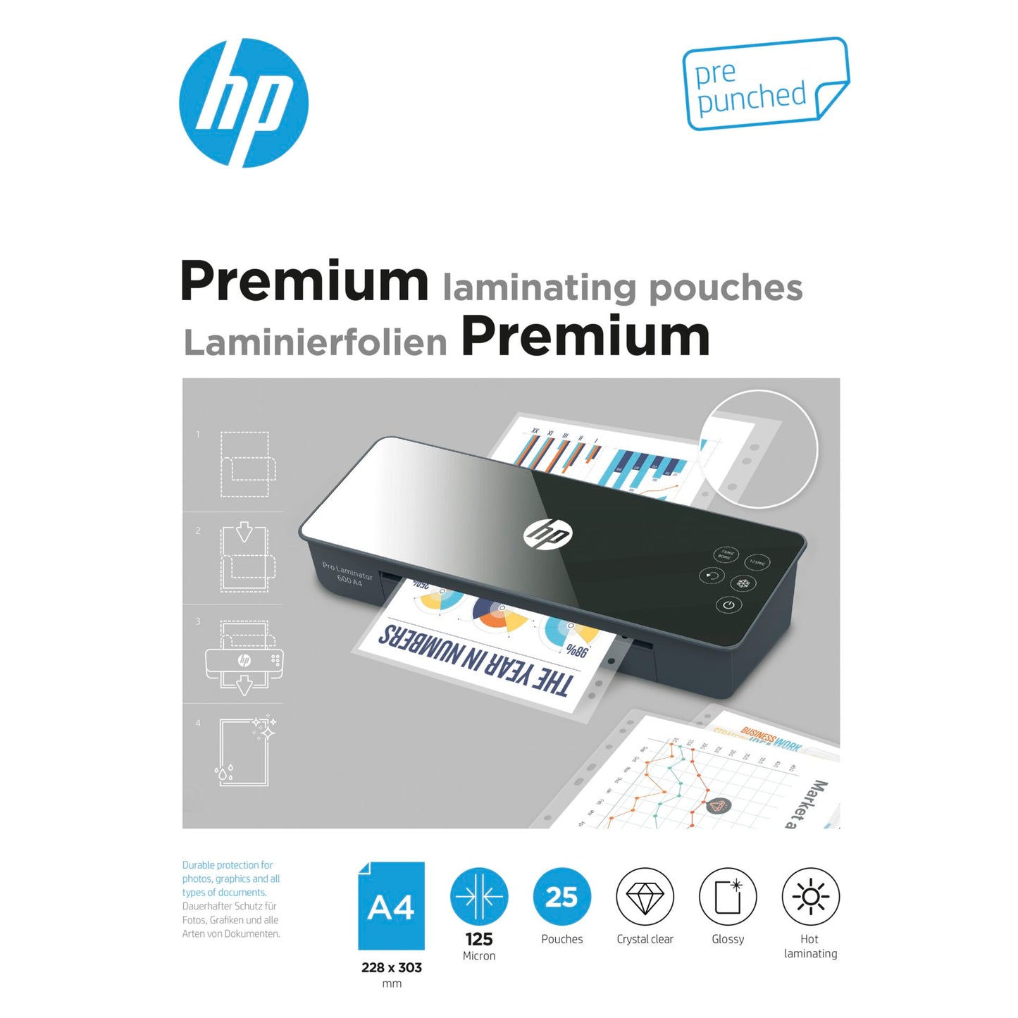 HP Premium Laminating pouches A4 pre punched, 125 Micron