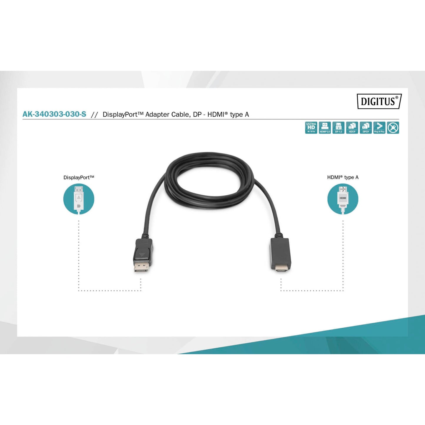 DIGITUS DisplayPort Adaptercable DP-HDMI Typ A 3m AK-340303-030-S