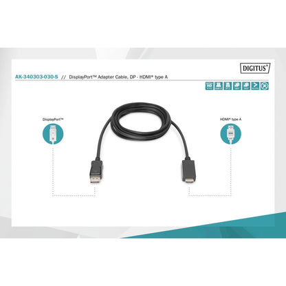 DIGITUS DisplayPort Adaptercable DP-HDMI Typ A 3m AK-340303-030-S