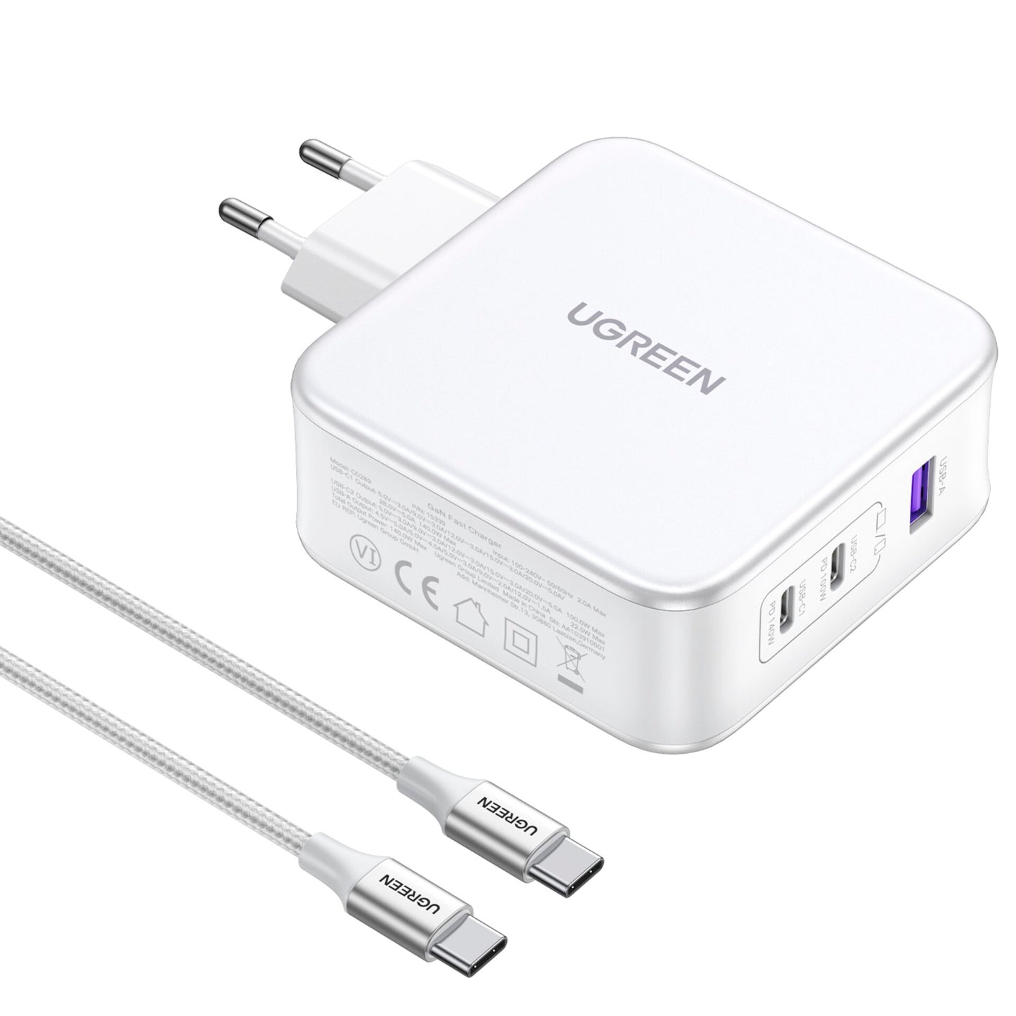 UGREEN Nexode USB-A+2*USB-C 140W GaN Fast Charger+USB-C Cable wht