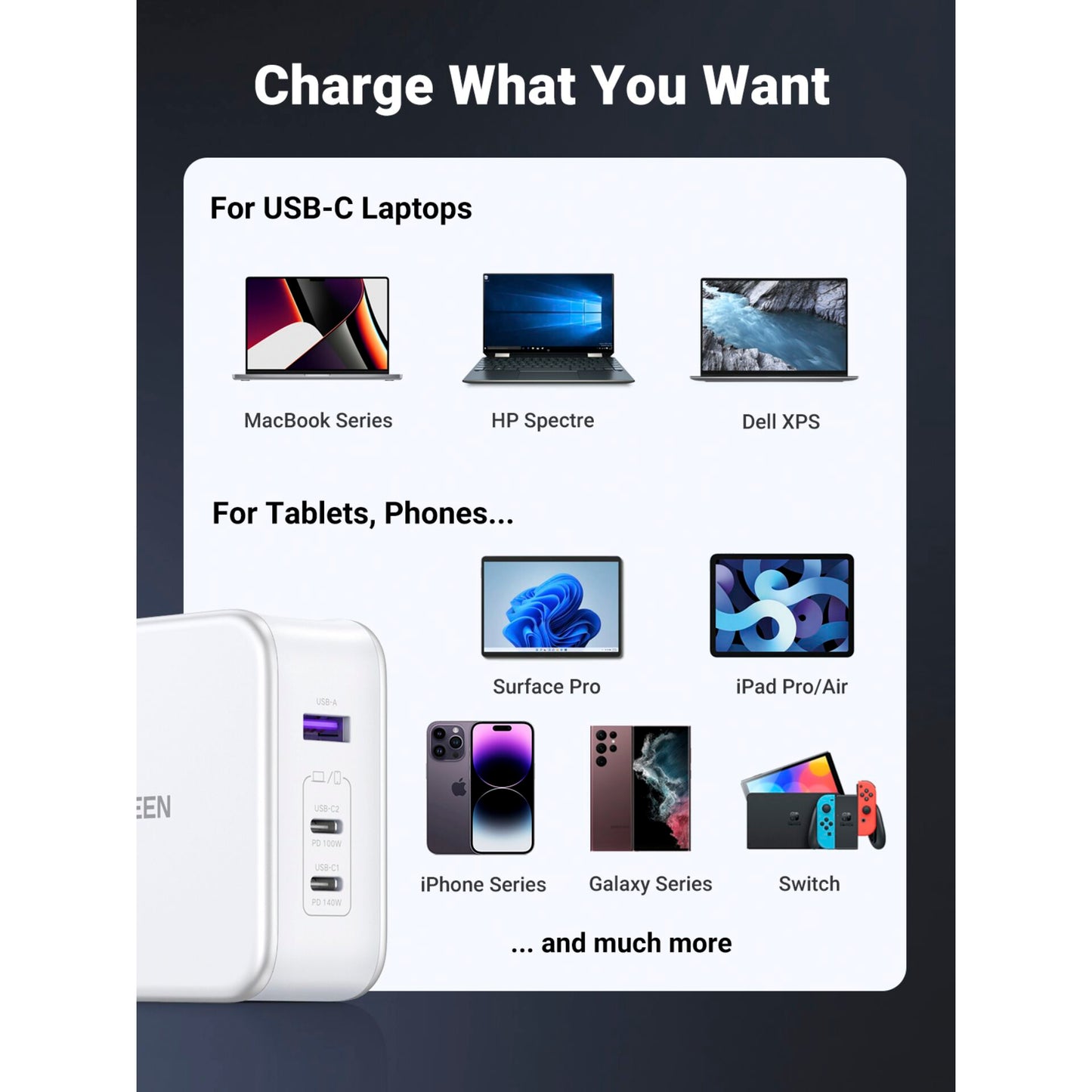 UGREEN Nexode USB-A+2*USB-C 140W GaN Fast Charger+USB-C Cable wht