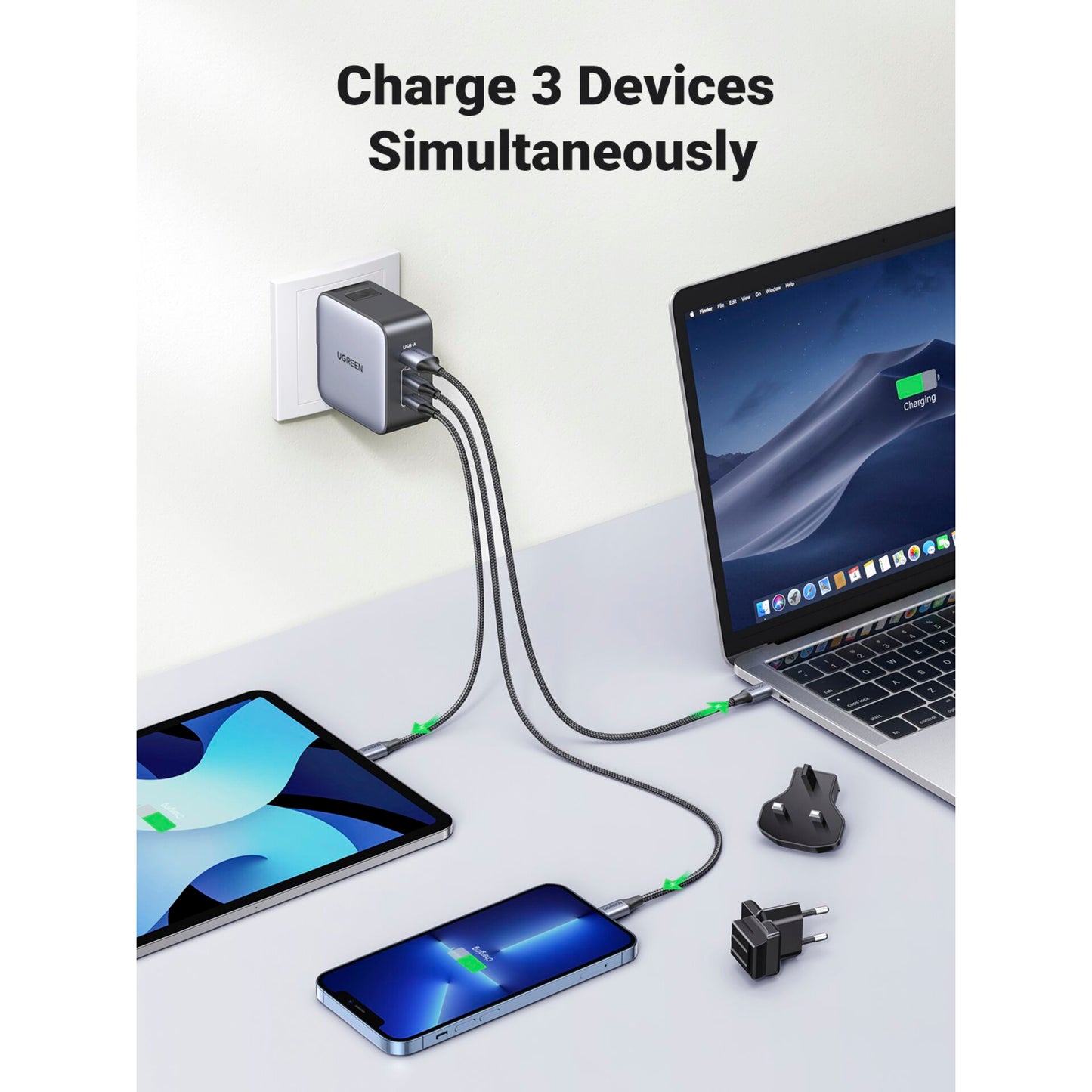 UGREEN USB-A+2*USB-C 65W GaN Worldwide Travel Fast Charger
