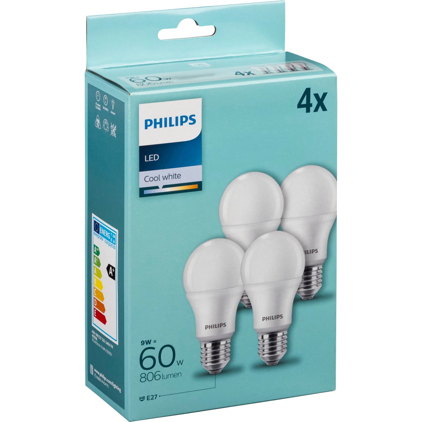 Philips LED Lamp E27 4-Pack 60W 4000K