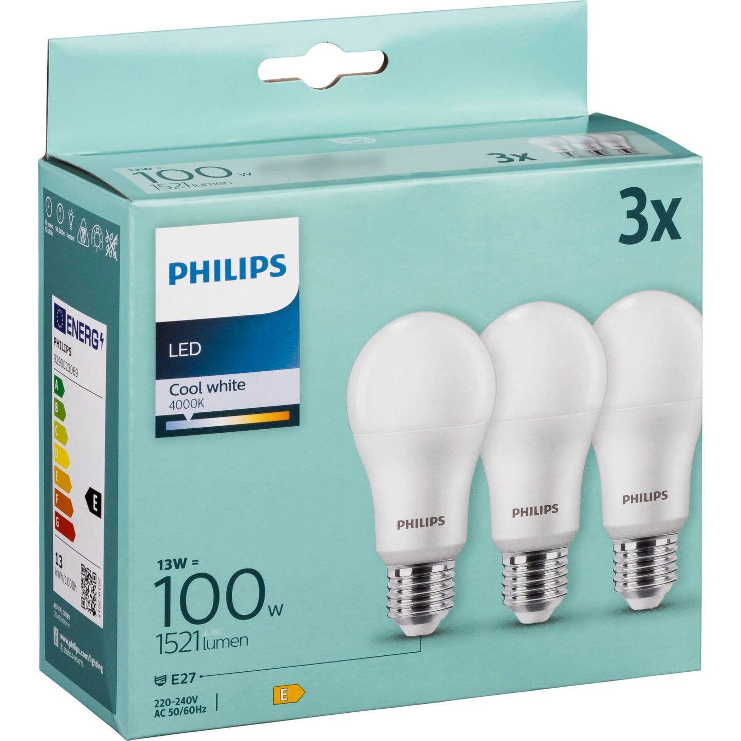 Philips LED Lamp E27 3-Pack 100W 4000K
