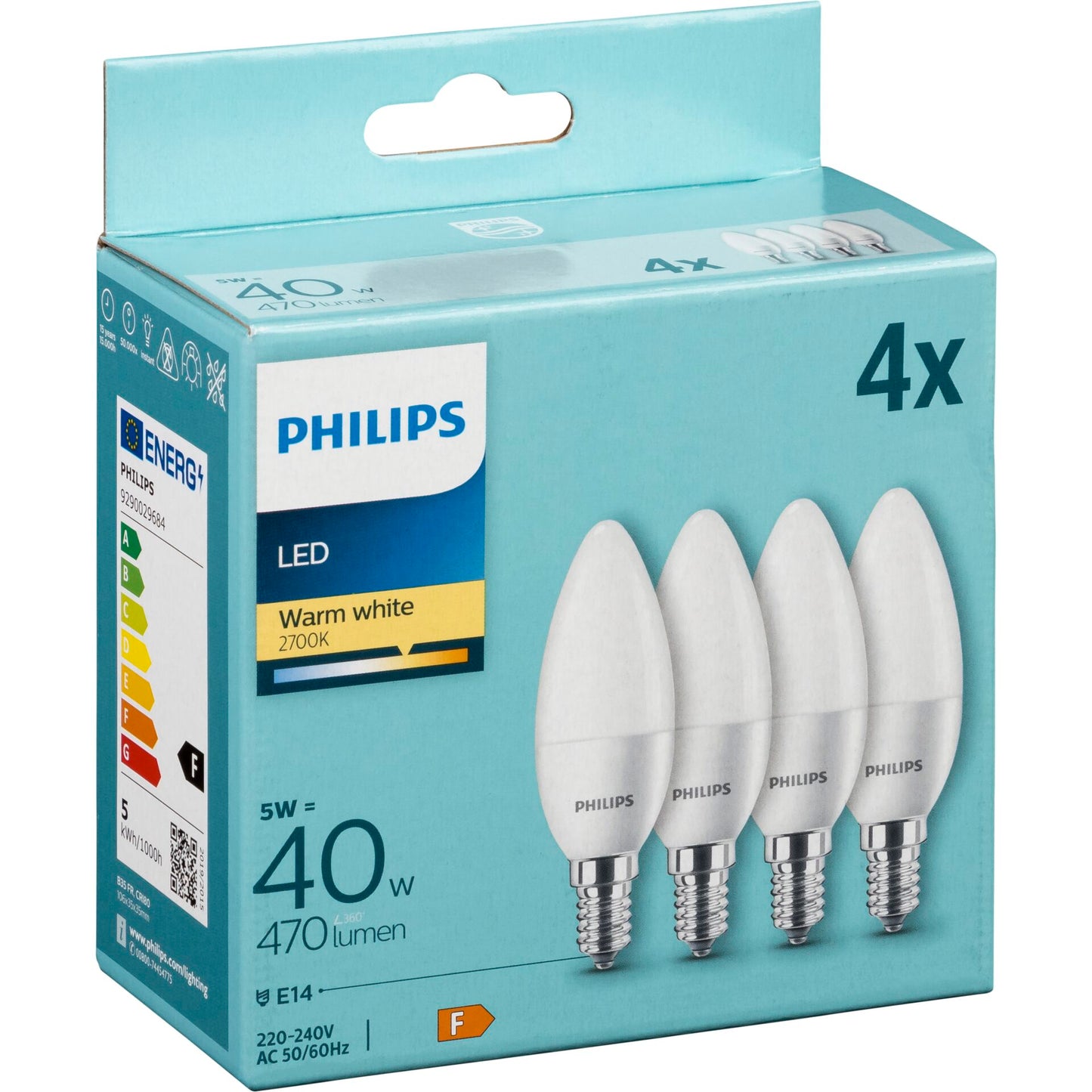 Philips LED Lamp E14 4-pack candle     40W 2700K