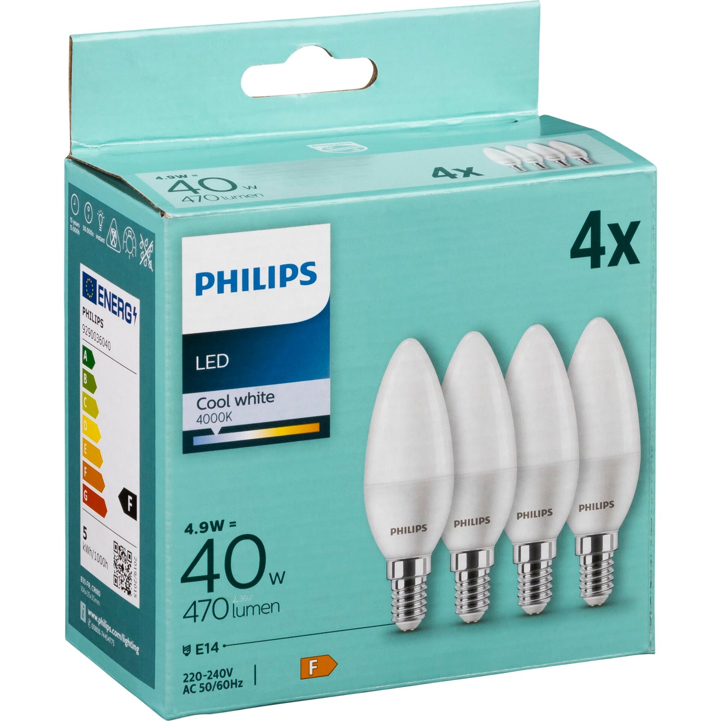 Philips LED Lamp E14 4-Pack candle     40W 4000K