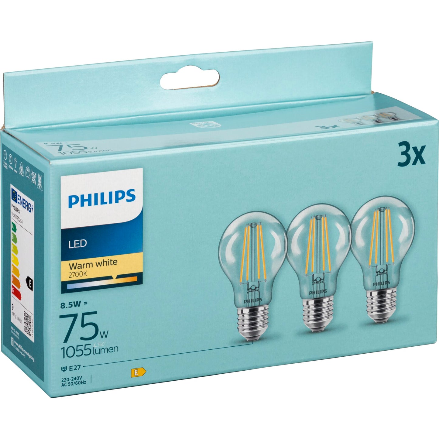 Philips LED Lamp E27 3-Pack 75W 2700K Filament