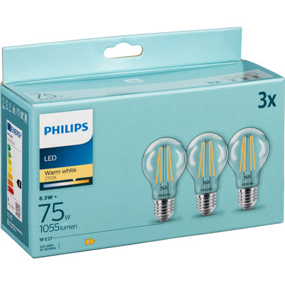 Philips LED Lamp E27 3-Pack 75W 2700K Filament