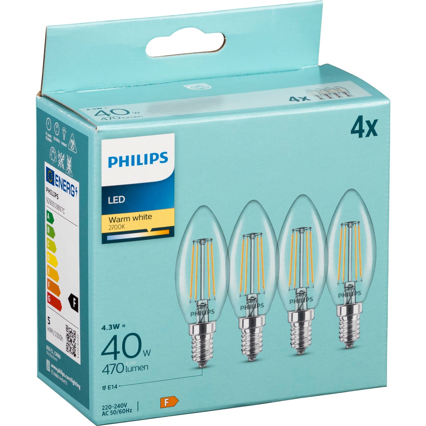 Philips LED Lamp E14 4-Pack 40W 2700K Filament candle