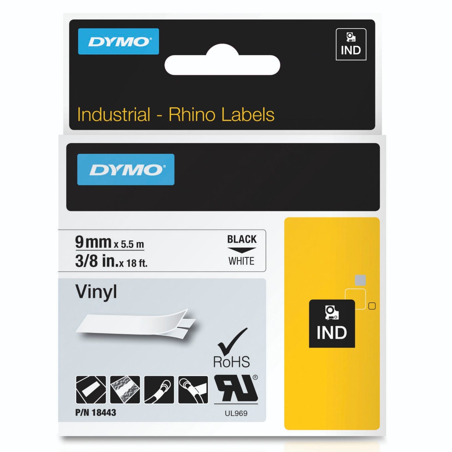 Dymo Rhino Label IND, Vinyl 9 mm x 5,5 m black to white