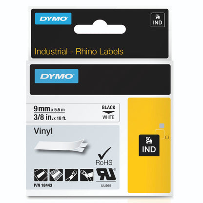 Dymo Rhino Label IND, Vinyl 9 mm x 5,5 m black to white