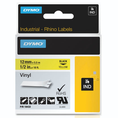 Dymo Rhino Label IND, Vinyl 12 mm x 5,5 m black to yellow