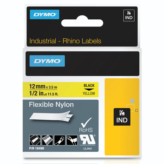 Dymo Rhino Flexible Nylon Tape 12 mm x 3,5 m black to yellow
