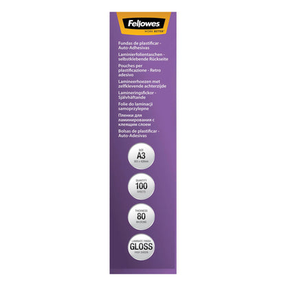 Fellowes Peel and stick pouches adhesive back, 80 micron, A3