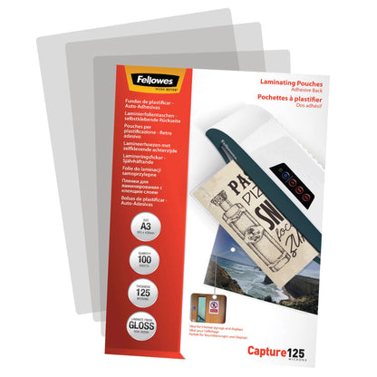 Fellowes Peel and stick pouches adhesive back, 125 micron, A3