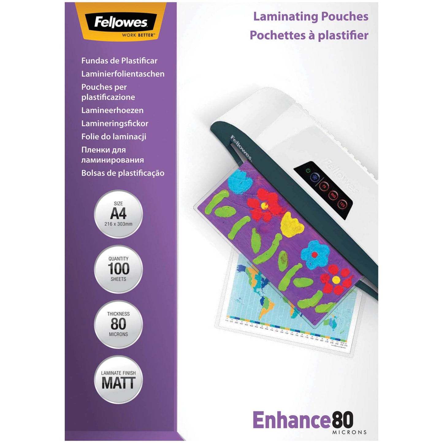 Fellowes Matt laminating pouches 80 micron, A4  100-pack