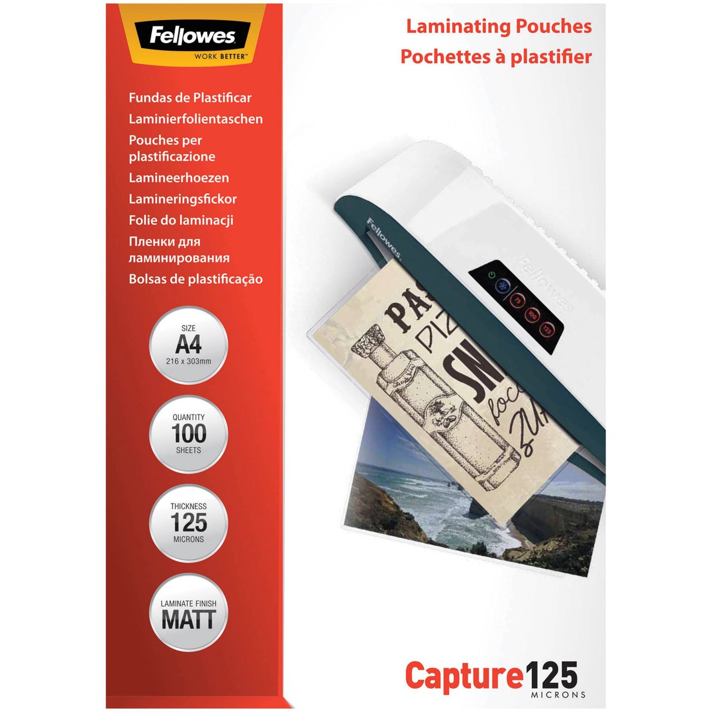 Fellowes Matt laminating pouches 125 micron, A4  100-pack