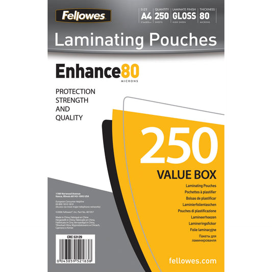 Fellowes A4 Glossy 80 Micron Laminating Pouch - 250-pack